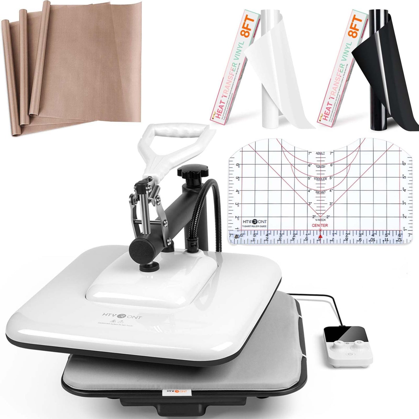 HTVRONT 15x15 Heat Press Machine, 3pcs Teflon Sheets, 2 Rolls HTV Vinyl, Tshirt Ruler Guide