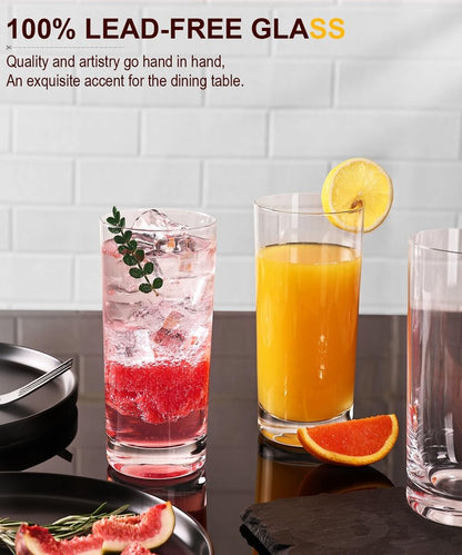 LUNA & MANTHA Drinking Water Glasses Set, Lead-Free Crystal Highball Glass, Tall Glass Cups for Cocktail Parties,Clear set of 8,16oz