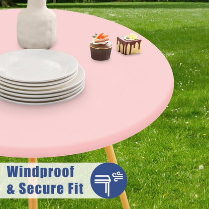 Moosfor Round Spandex Valentines Day Tablecloth, Elastic Fitted Waterproof Tablecloths for 36"-44" Tables, Stretch Washable Picnic Table Cover for Camping, Dining, Indoor and Outdoor, Pink