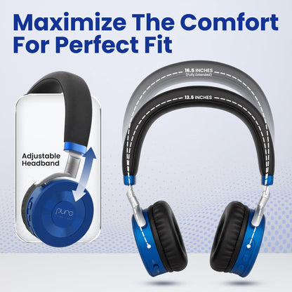 Puro Sound Labs JuniorJam Plus Volume-Limiting Wireless Bluetooth Headphones for Kids, Secure Audio with Adjustable On-Ear Design, 22-Hour Battery Life, Ideal for Tablets, Smartphones & PCs - Blue