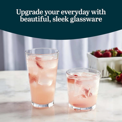 Libbey Flare Rocks, Glass Tumbler Set, Stylish Lead-Free Drinking Glasses Set of 16, Dishwasher-Safe Glass Cups Set for Daily Use and Parties