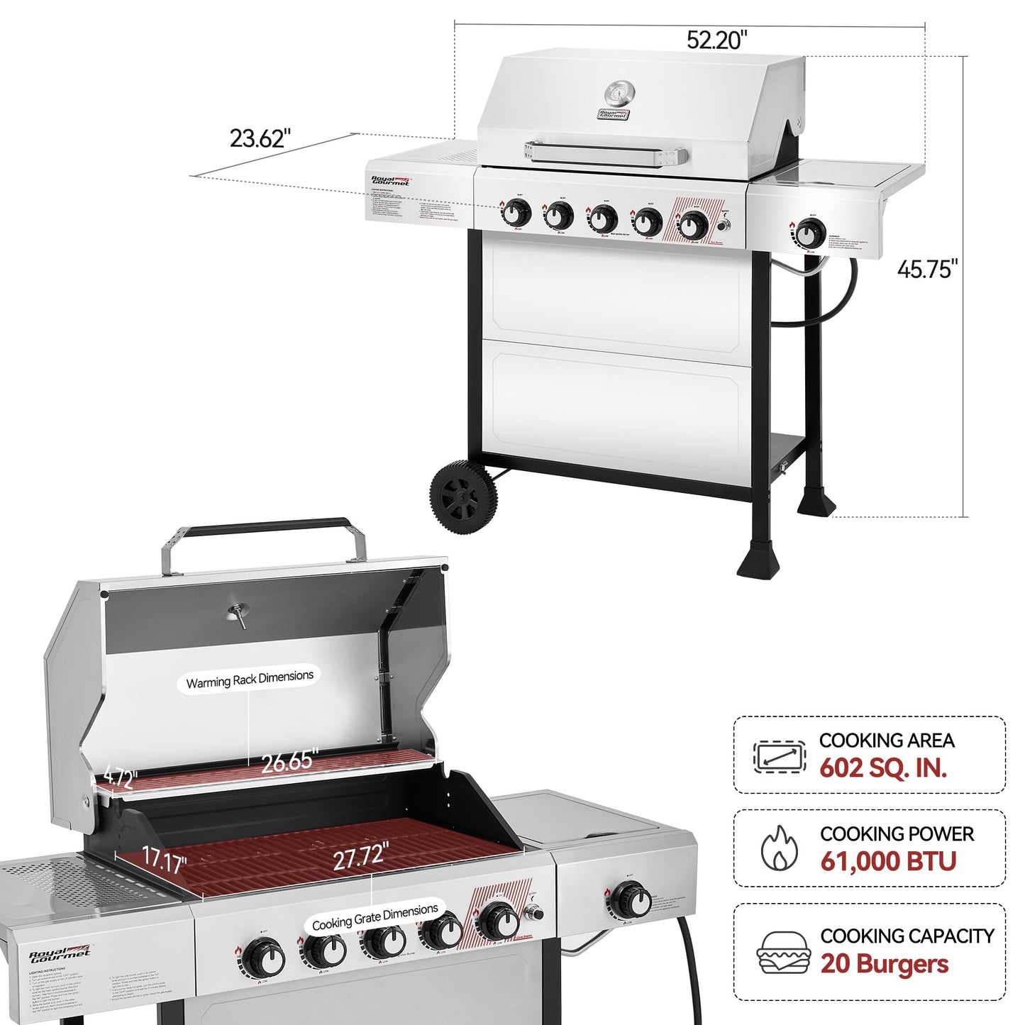 Royal Gourmet GA5401T 5-Burner BBQ Liquid Propane Gas Grill with Side Burner, Stainless Steel 61,000 BTU Output for Patio Garden Picnic Backyard Cooking, Silver