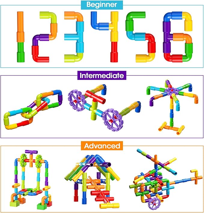 burgkidz STEM Learning Pipe Tube Construction Building Blocks Sensory Toys with Wheels Baseplate for All Ages Kids Boys Girls 188 Pcs