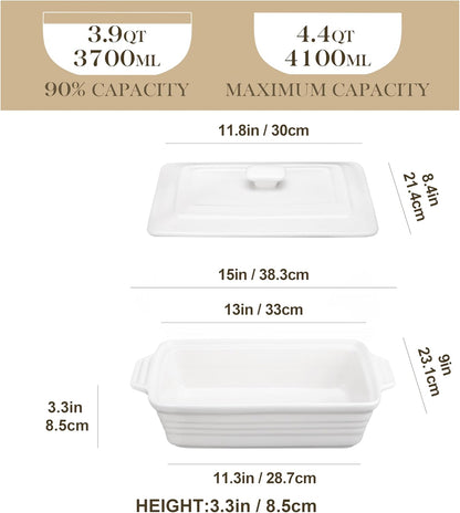 MALACASA Casserole Dish - 4.4 Qt Porcelain Baking Dish with Lid & Handles | Microwave Safe, White