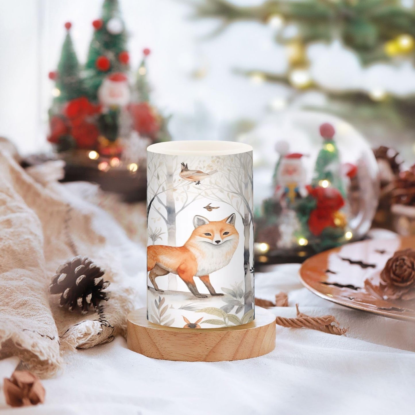 GUIJI Fox in The Woods Flameless Candles With Remote - Set of 2 Battery Operated Pillar Candles for Home Decoration, Christmas, Party