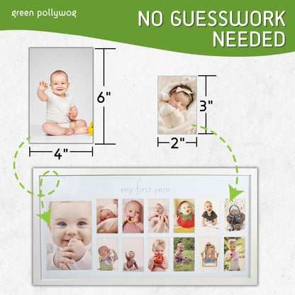 Green Pollywog | Baby's First Year Frame | Collage Frame For Baby In White | 12 Month Picture Frame | Milestone Photos | First Year Picture Mat | My First Year Photographs