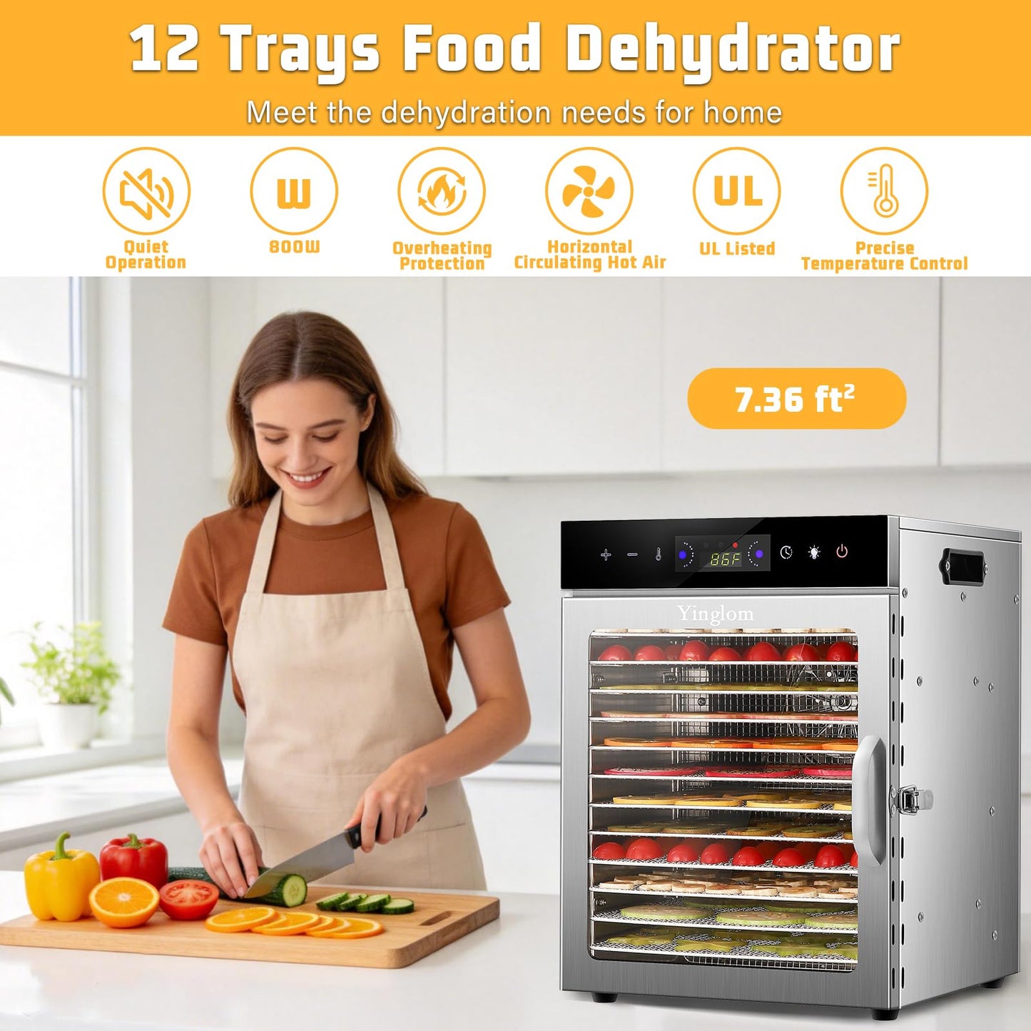 Food Dehydrator Machine with 12 Stainless Steel Trays, 800W Dual-Fan Dehydrator for Home, 24H Timer, 86-194℉ Temperature Control, LED Digital Dispiay for Jerky, Fruit, Vegetable, Herbs, and Dog Treats