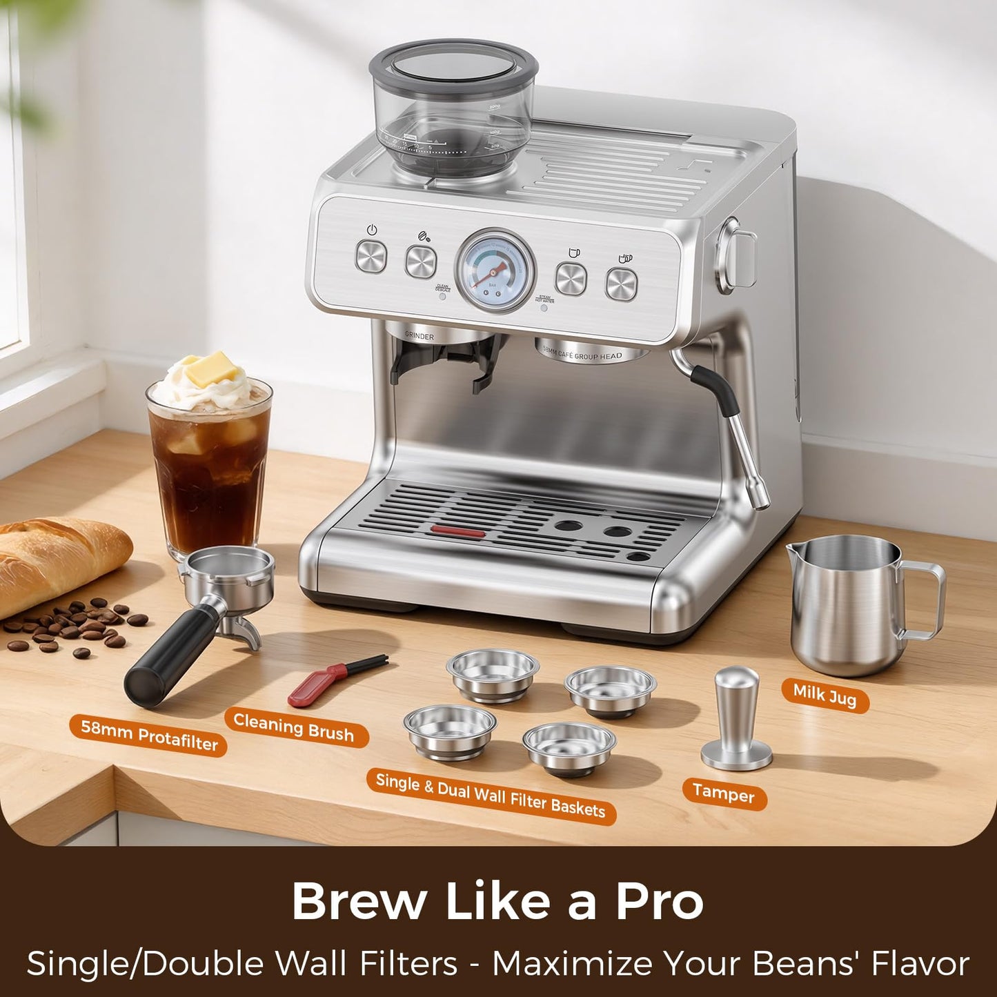 (2026 Upgrade)Electactic Espresso Machine with Grinder, 20 Bar Expresso Coffee Machines, Professional Coffee Maker for Latte & Cappuccino with Milk Frother&Steam Wand,Expresso Machines for Home-Silver