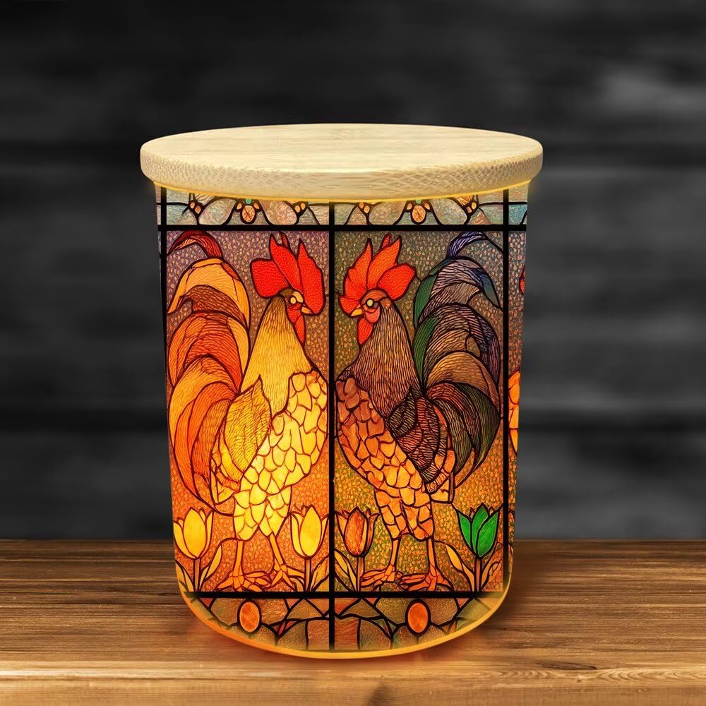 Stained Glass Roosters Tea Light Candle Holders, Country Chicken Tealight Candle Holder Jar with Wooden Lid, Farm Style Votive Candlesticks for Table Centerpieces,Christmas,Birthday Party