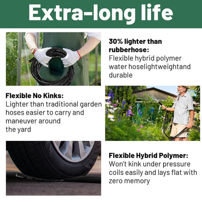 Beitopamz 150 ft Garden Hose, 5/8 in Heavy Duty Water Hose, Flexible and Durable, Lightweight Rubber Hybrid Hose, Leak-Free Connections, Male to Female 3/4'' Brass Fittings for Patio, Lawn, Black