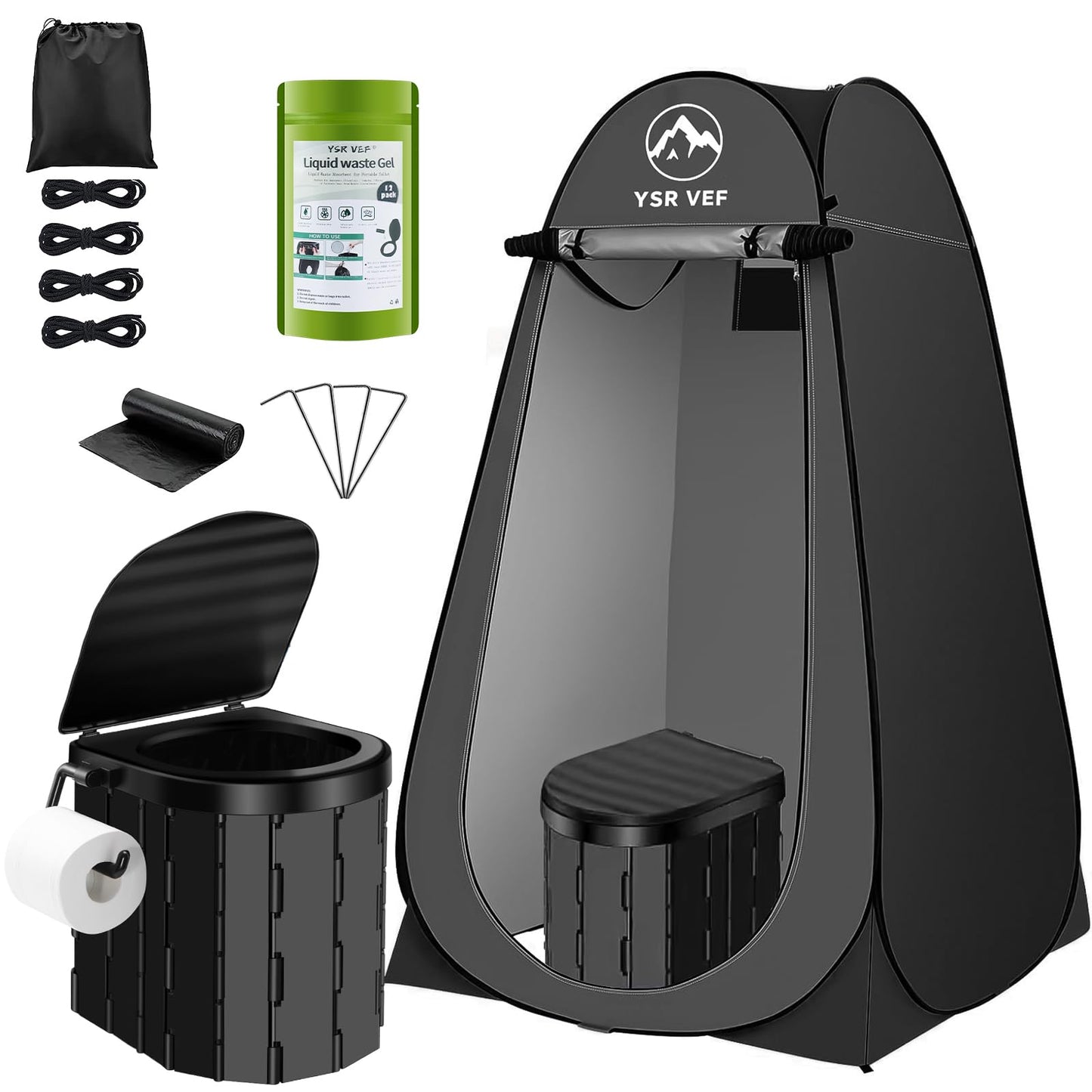 Portable Camping Toilet Kit with Pop-Up Privacy Tent, Washable Outdoor Shower and Changing Room, Includes Toilet Bags and Poo Gel