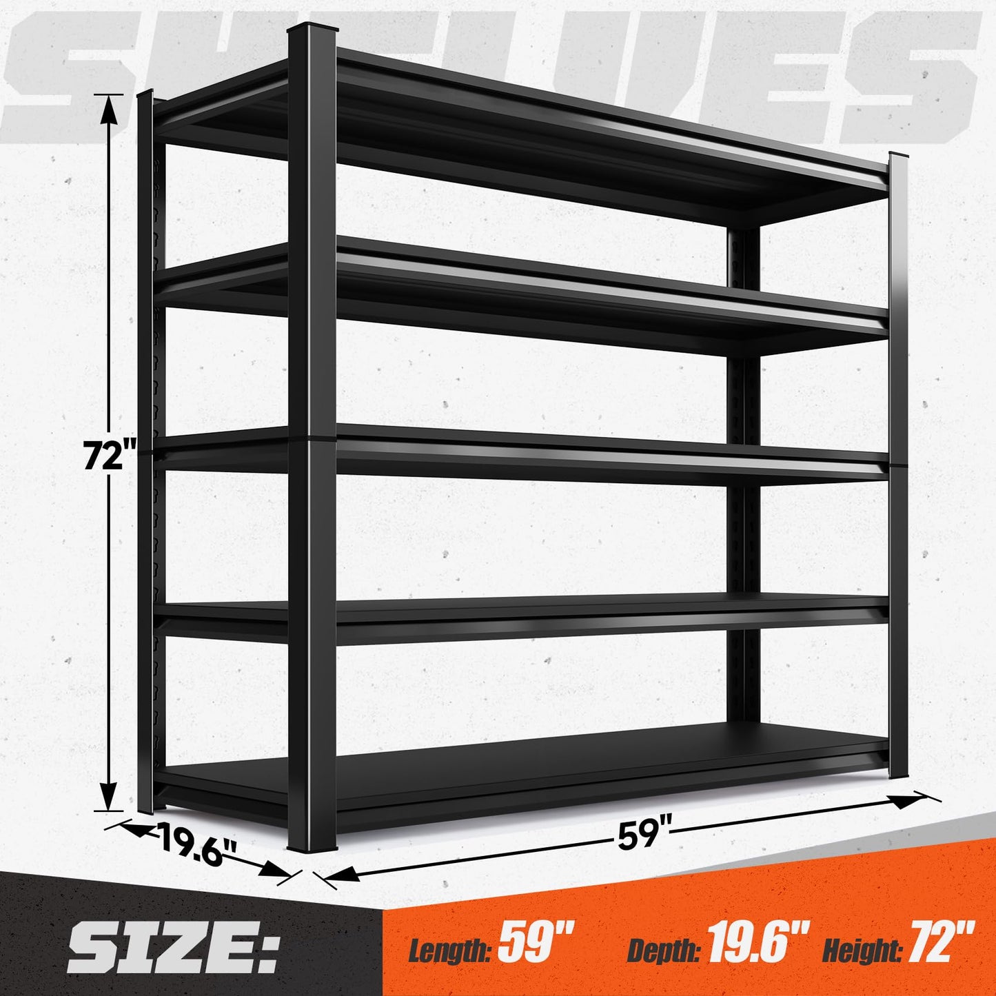 LLIIFFEE Garage Shelving, 5-Tier Garage Storage Shelves, 2000LBS Heavy Duty Shelves, 72" H x 59" W x 19.6" D Metal Shelving Unit, Utility Adjustable Storage Shelf for Warehouse, Basement, Closet