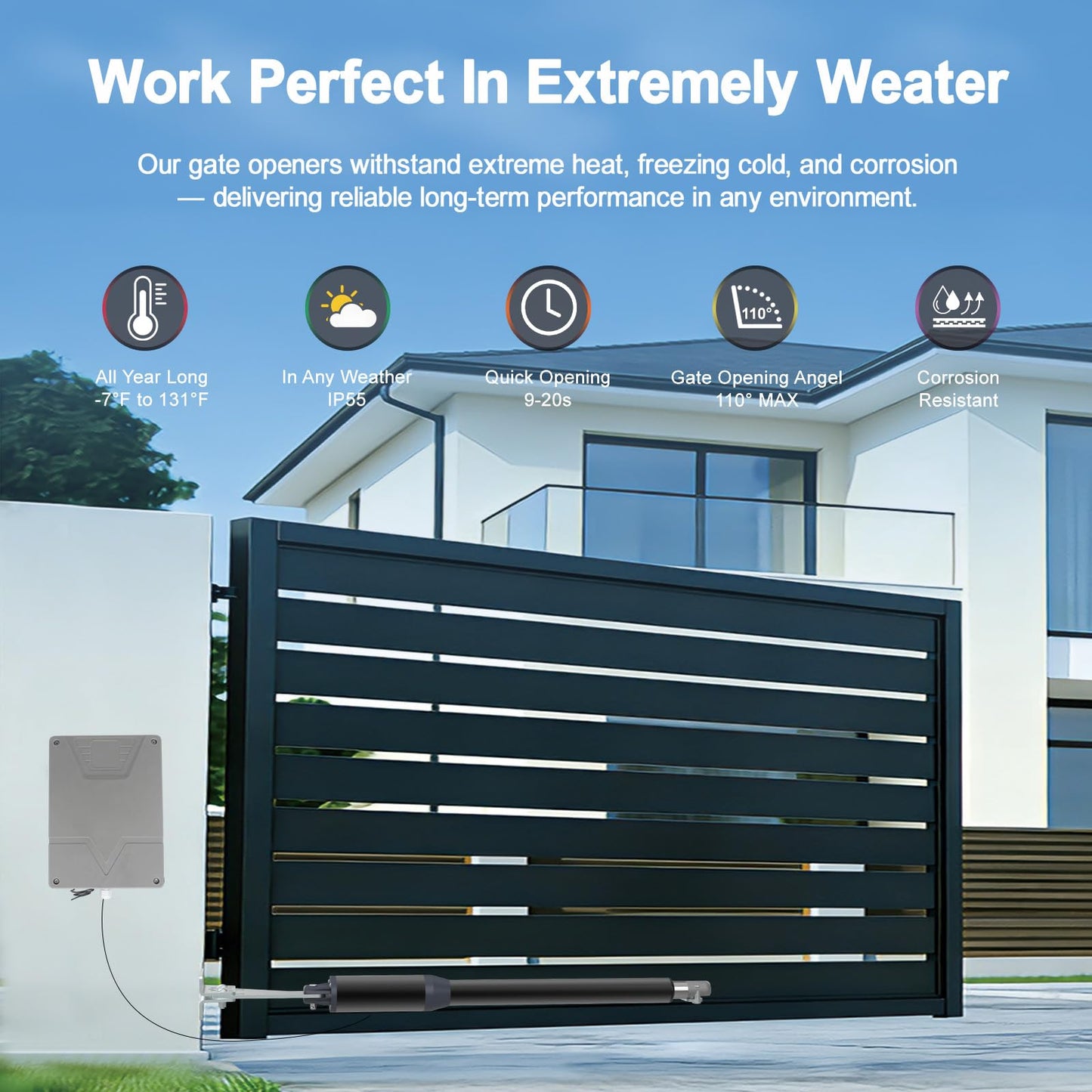 GYXEL Solar Single Gate Opener with Batteries & Solar Panel + Wireless Gate Keypad for Single Swing Gates Up to 440lb with Remote Complete Kit PKM-C01-L