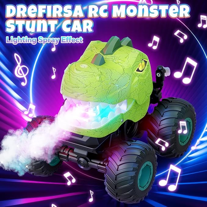 Remote Control Car for Boys 4-7 8-12 Dinosaur Monster Truck Toys with 50min+ Runtime Spray LED Light 360° Rotating &amp 90° Driving RC Stunt Car for Kids Birthday