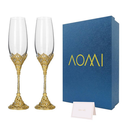 AOMI Wedding Champagne Flutes Toasting Glasses Luxurious Crystal- Gold 7oz Studded Champagne Glasses Set – Elegant Etched Flute Pair with Gift Box, Perfect for Weddings, Anniversaries & Celebrations