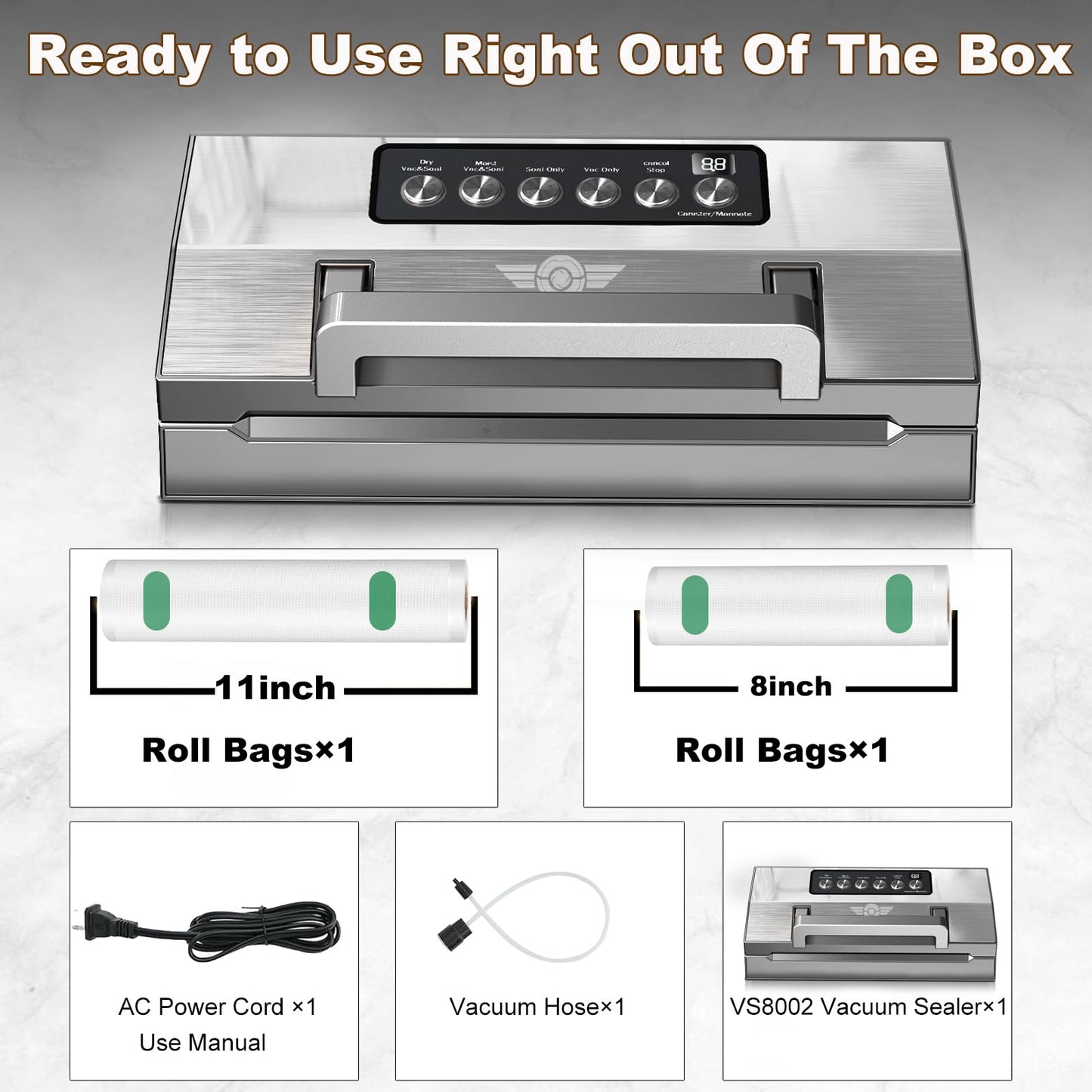 Precision Food Vacuum Sealer Machine, POWOT Fully Automatic Vacuum Sealing System, Commercial Food Vacuum Saver Pro, Double Heat Seal, Easy-Lock Handle, Built-in Cutter&Bag Storage, Hose&Bag Rolls