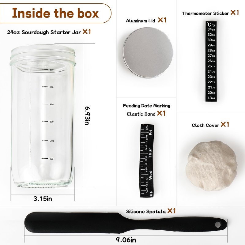 Sourdough Bread Baking Supplies,24 oz Sourdough Starter Jar Glass, Sourdough Starter Kit with Date Marked Feeding Band, Thermometer, Silicone Scraper, Sewn Cloth Cover & Aluminum Lid, Sourdough Jar