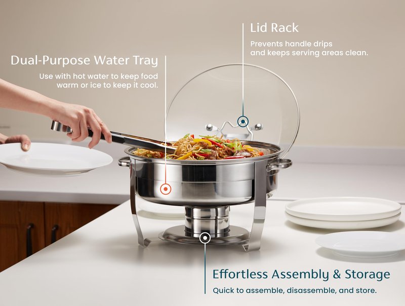 Chafing Dish for Buffet Set, by Kook, Catering Food Warmers, Round Dishes, Warmer Tray, Stainless Steel with Glass Cover and Holder, for Parties, Dinners, 4.5 Qt