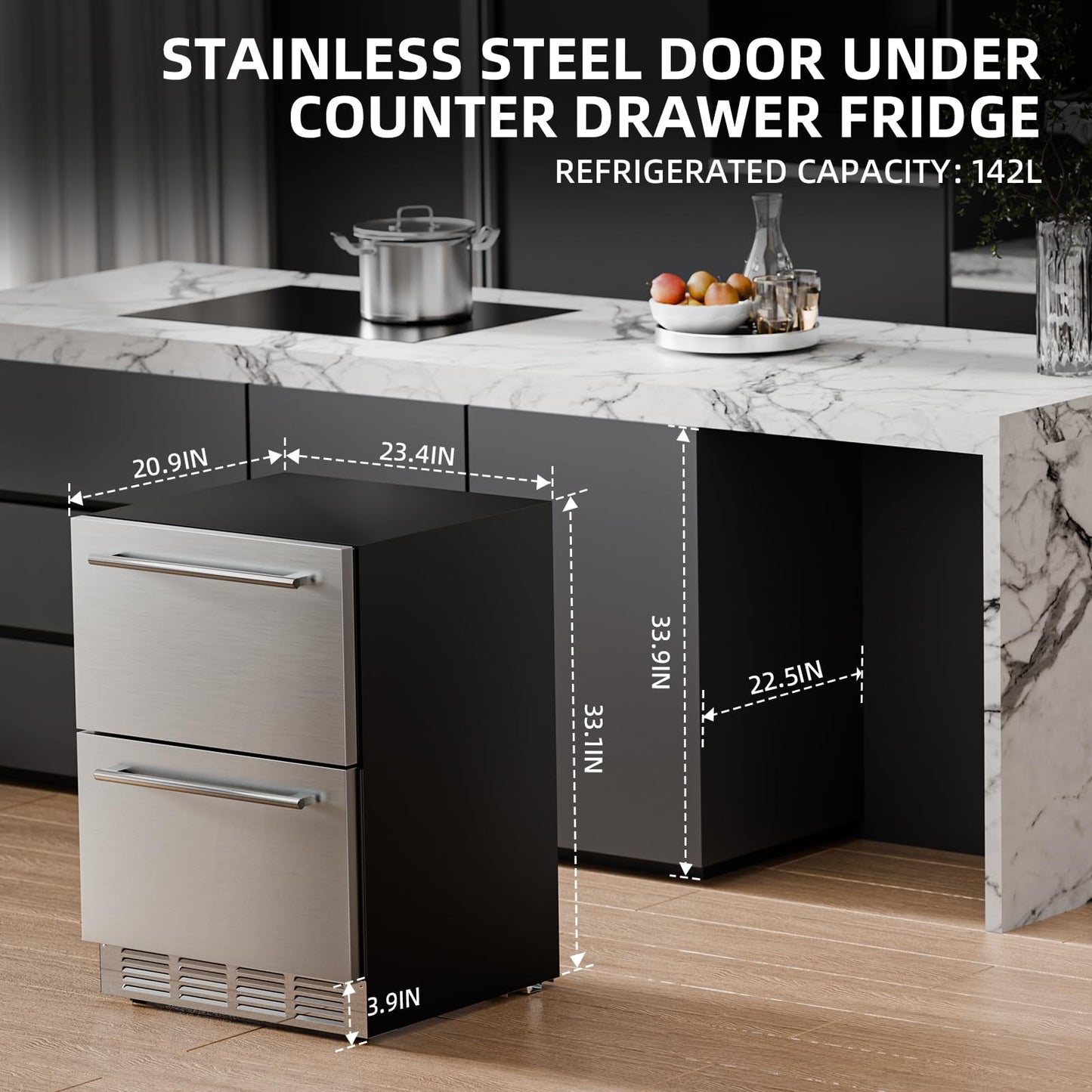 Antarctic Star 4.9 Cu. Ft. Under Counter Drawer Refrigerator, Built-in Fridge for Home and Commercial Use, Stainless Steel Door, Fast Cooling, Low Noise
