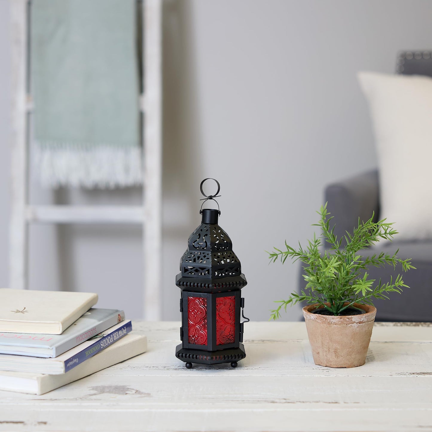 Zingz & Thingz Moroccan Style Candle Lantern Holder, Decorative Light Home Decor, Indoor & Outdoor, 10.25" Tall, Black with Red Glass