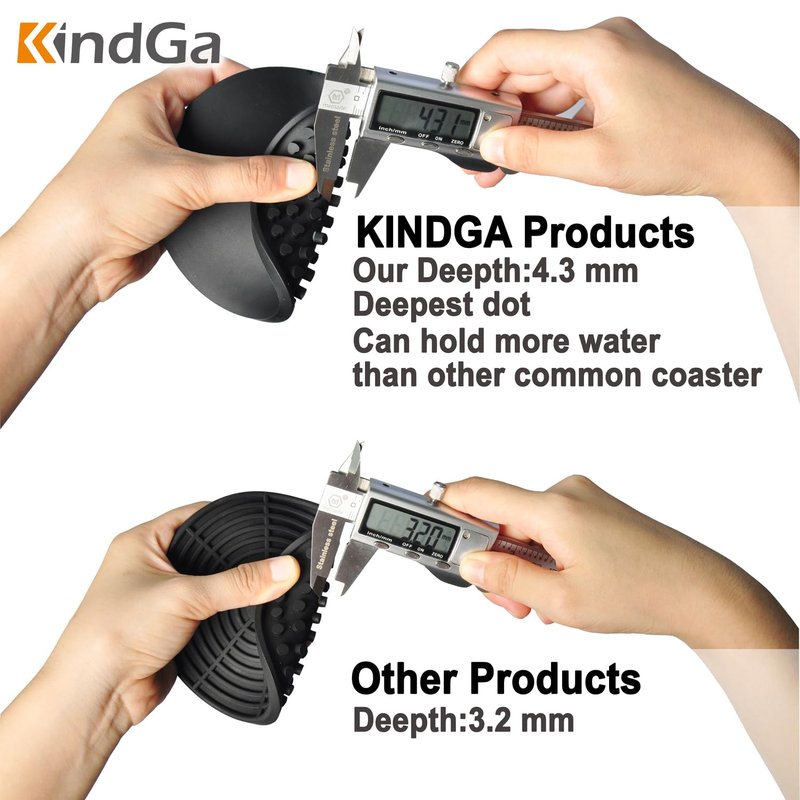 KindGa Coasters for Drinks Black, Absorbent Rubber Coaster Set, Silicone Drink Coasters for Large Mug/Cup/Bottle, Deep Tray 4.3 Inch Oval Shape Jar Opener Heat-Resistant Grips (Set of 8)