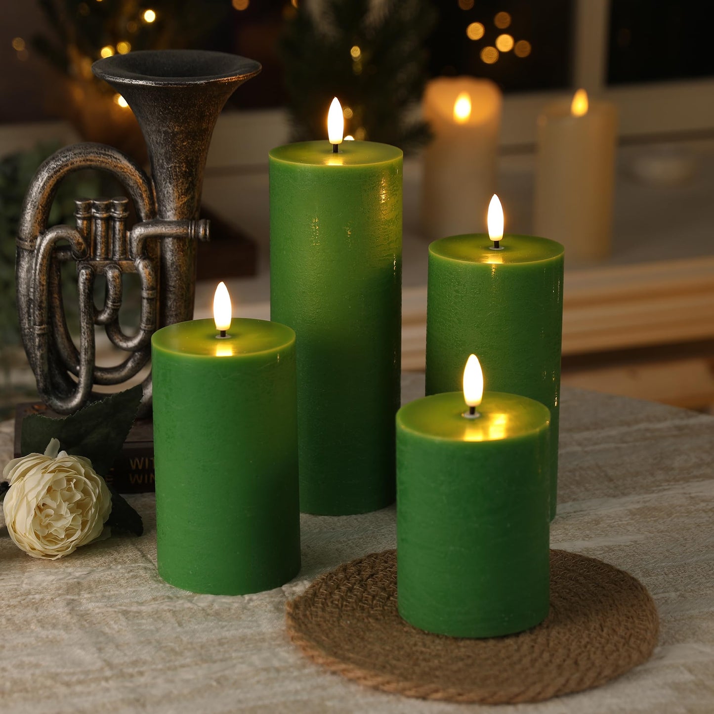 LUSHARBOR Green Flameless Candles, 4 Pack Battery Operated Candles for St. Patrick’s Day, Real Wax LED Fake Candles for Spring Decor Party Centerpiece Green