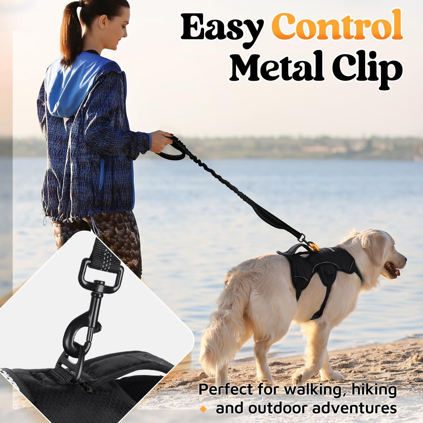 rabbitgoo Escape Proof Dog Harness, Soft Padded Full Body Pet Harness, Reflective Adjustable No Pull Vest with Lift Handle and Leash Clip for Large Dogs Walking Hiking Training, L, Black