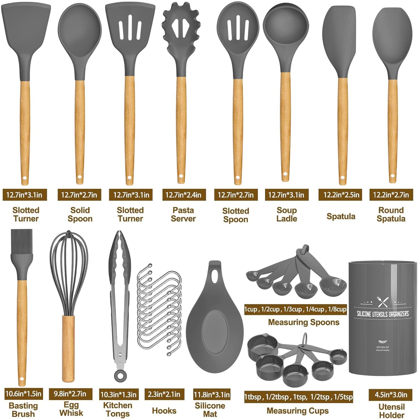 Umite Chef Kitchen Cooking Utensils Set, 33 pcs Non-stick Silicone Utensils Spatula Set with Holder, Wooden Handle Heat Resistant Silicone Kitchen Gadgets Utensil Set (Gray)