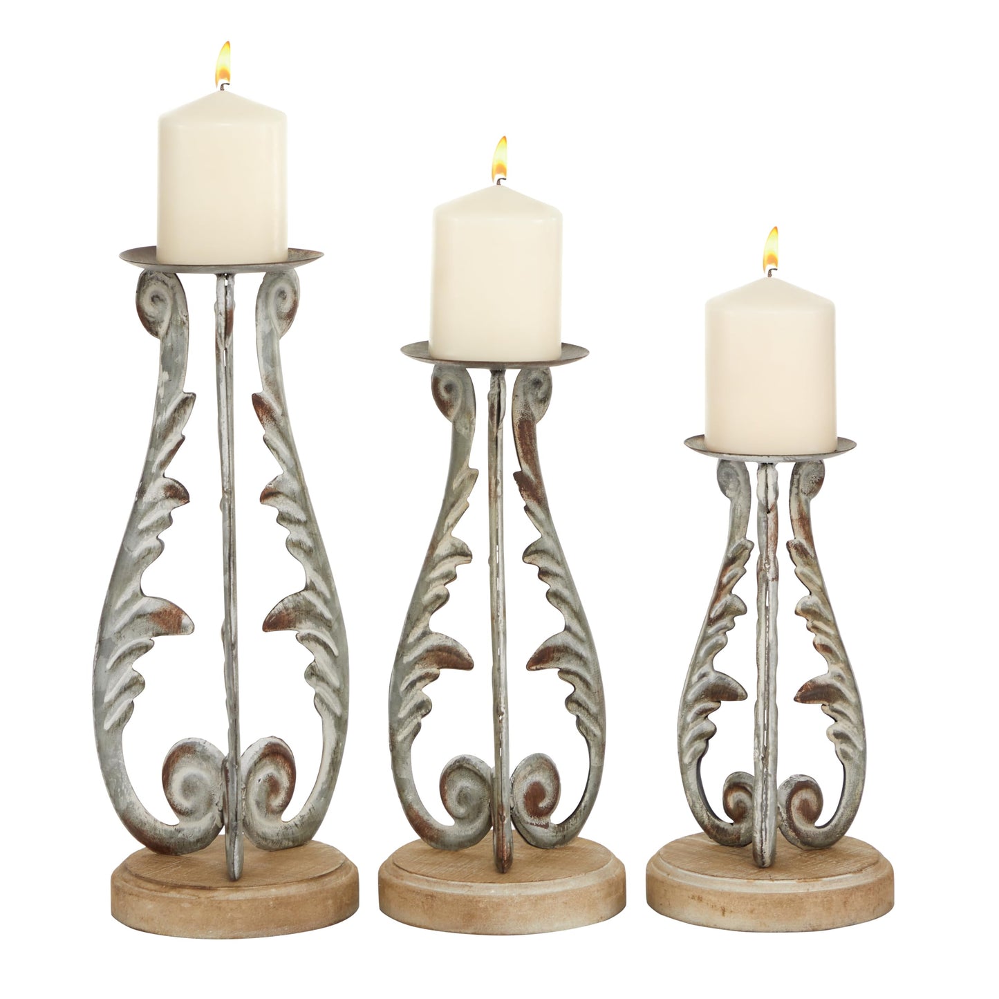 Deco 79 Metal Solid Candle Holder, Set of 3 14", 12", 10"H, Silver