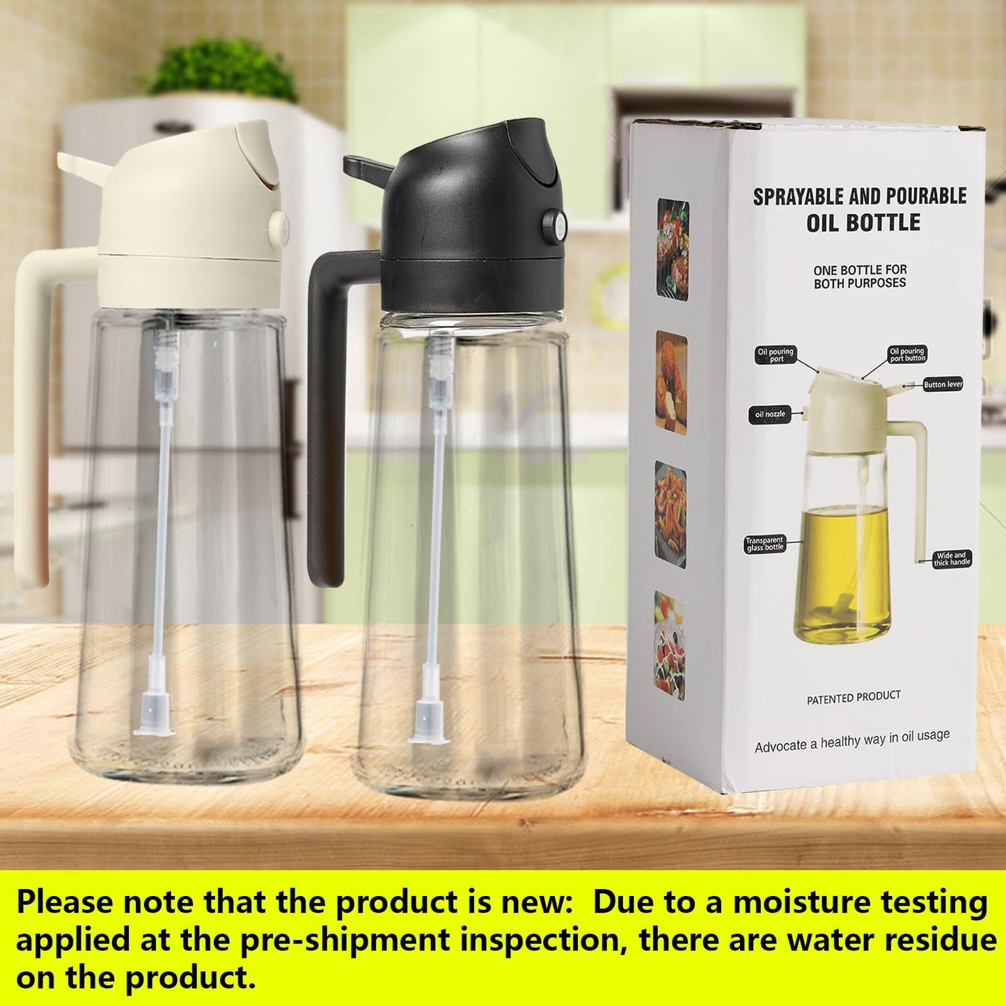 2 Pack Oil Sprayer for Cooking, 2 in 1 Olive Oil Dispenser Bottle for Kitchen, 16oz/470ml Oil Dispenser Bottle, Food-grade Glass Oil Mister for Air Fryer, Oven & Steak Frying,Black&Cream White