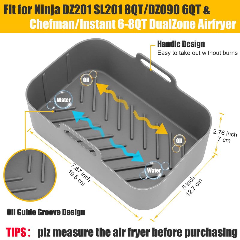 2Pcs Air Fryer Silicone Liners Rectangular for Ninja Foodi Dual DZ201 8QT/DZ090 6QT/Ninja DoubleStack SL201 8QT, MMH Reusable Airfryer Pot Baking Basket | Non-stick | Easy Cleaning | Food Safe | Gray