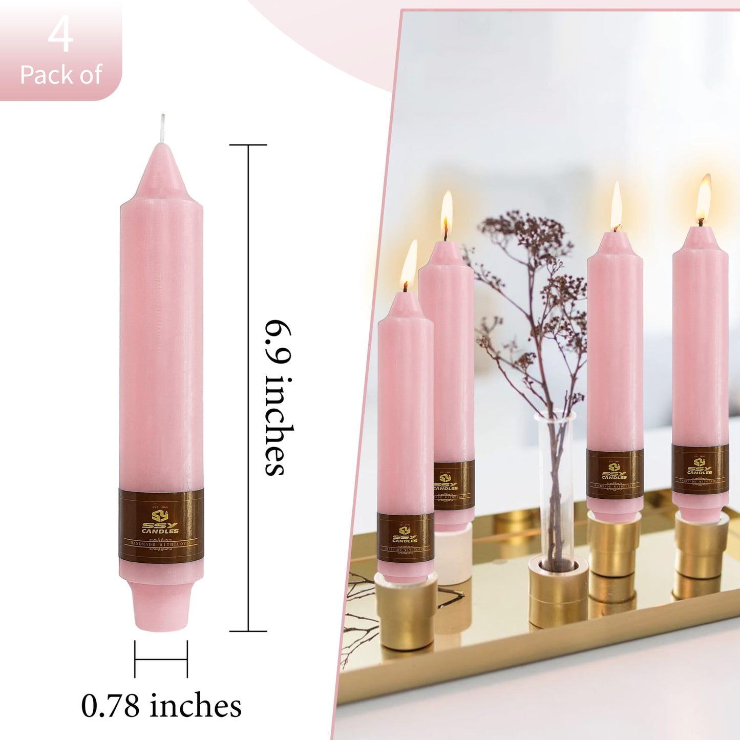 4 PCS Handmade Taper Candle Pink Small Candlesticks 7 inch Short Candlesticks for Dinner Household Wedding Party Home Décor
