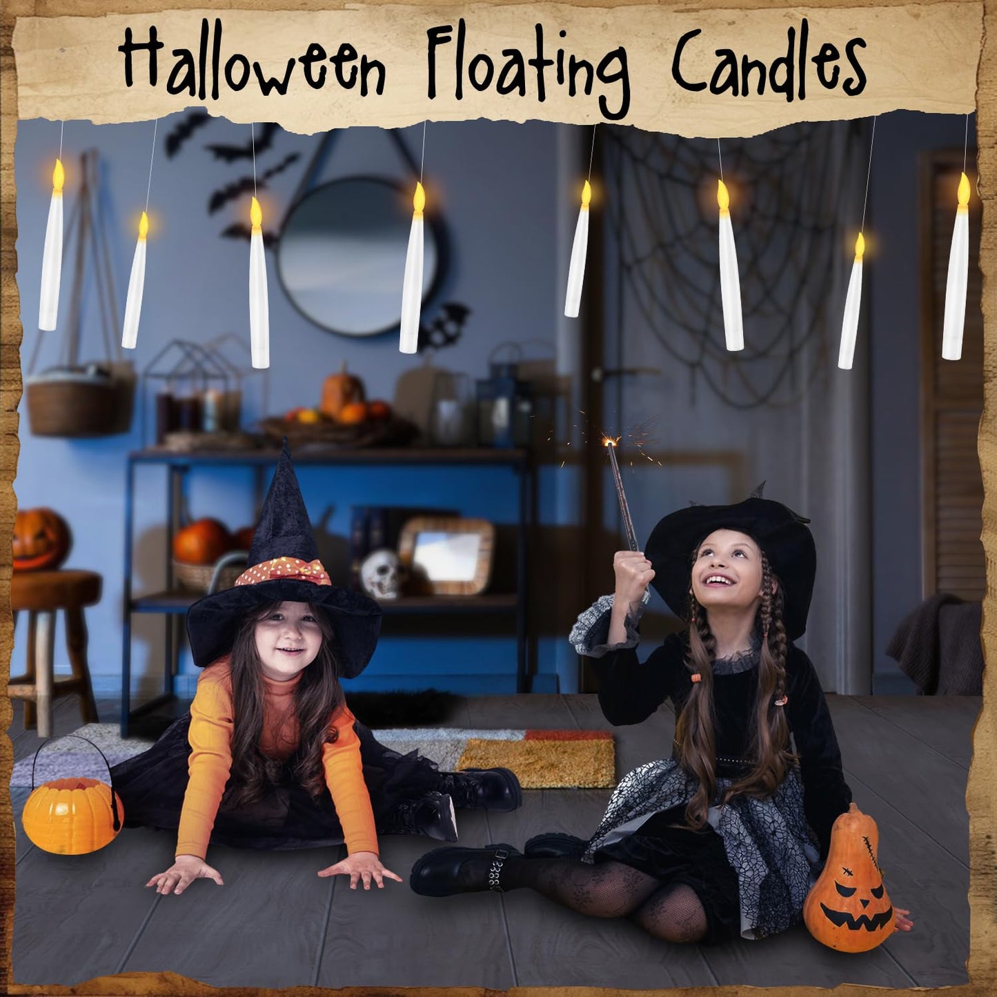 Floating Candles with Wand, 12 Pcs Magic Hanging Candles Halloween LED Taper Candles Battery Operated Floating Flameless Candles Floating Candles Hanging for Halloween Decorations