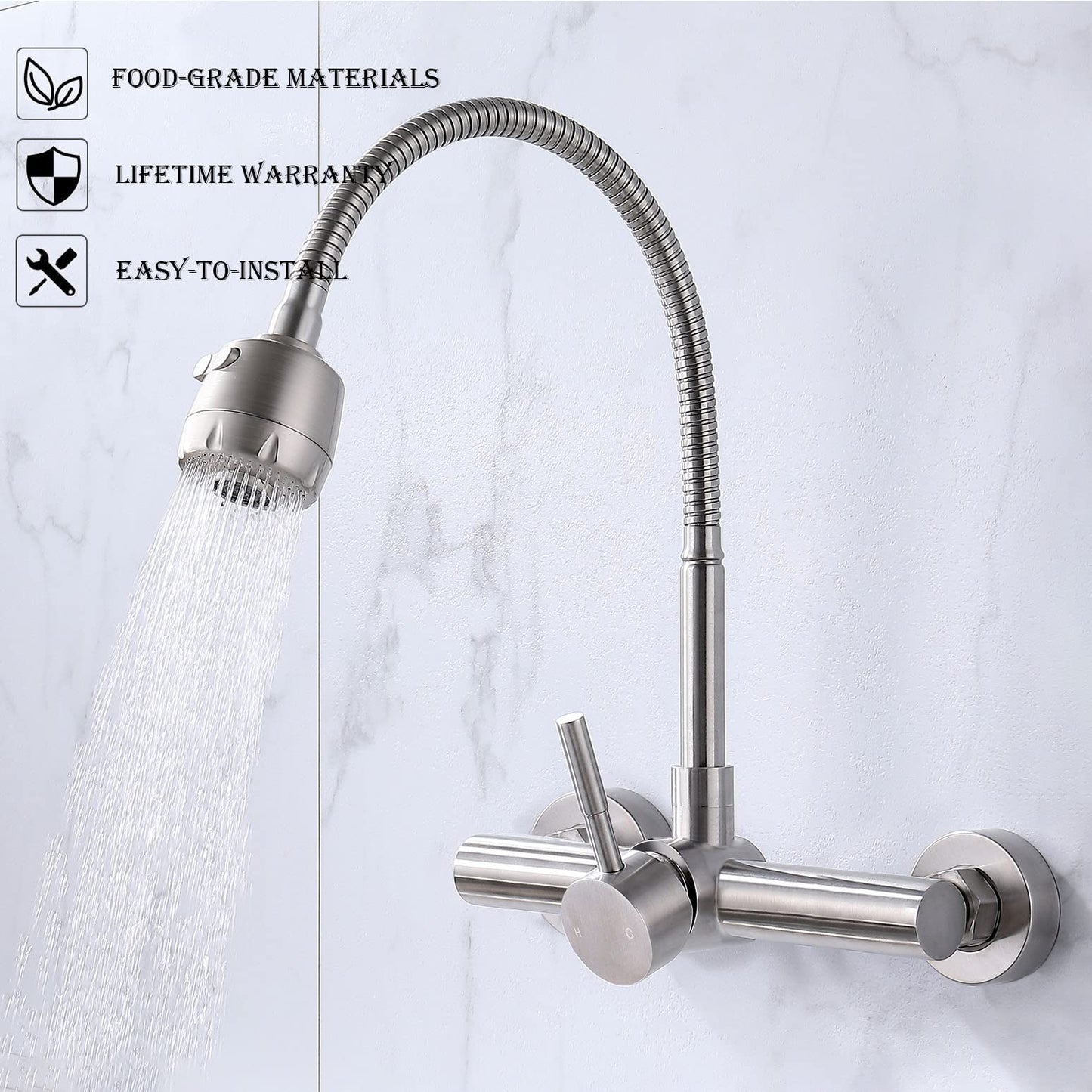 FLWUEUE Wall Mount Kitchen Sink Faucet with Sprayer 8“ Inch Center, Brushed Nickle Stainless Steel Sink Mixer Tap, Laundry Utility Faucets with Dual Functional Sprayer