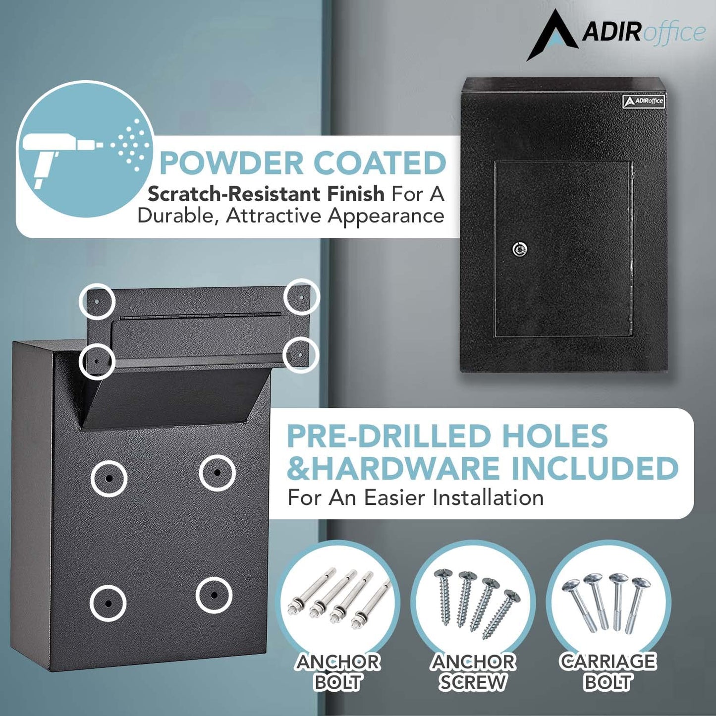AdirOffice Through The Wall Drop Box Safe - Durable Thick Steel w/Adjustable Chute - Mail Vault for Home Office Hotel Apartment