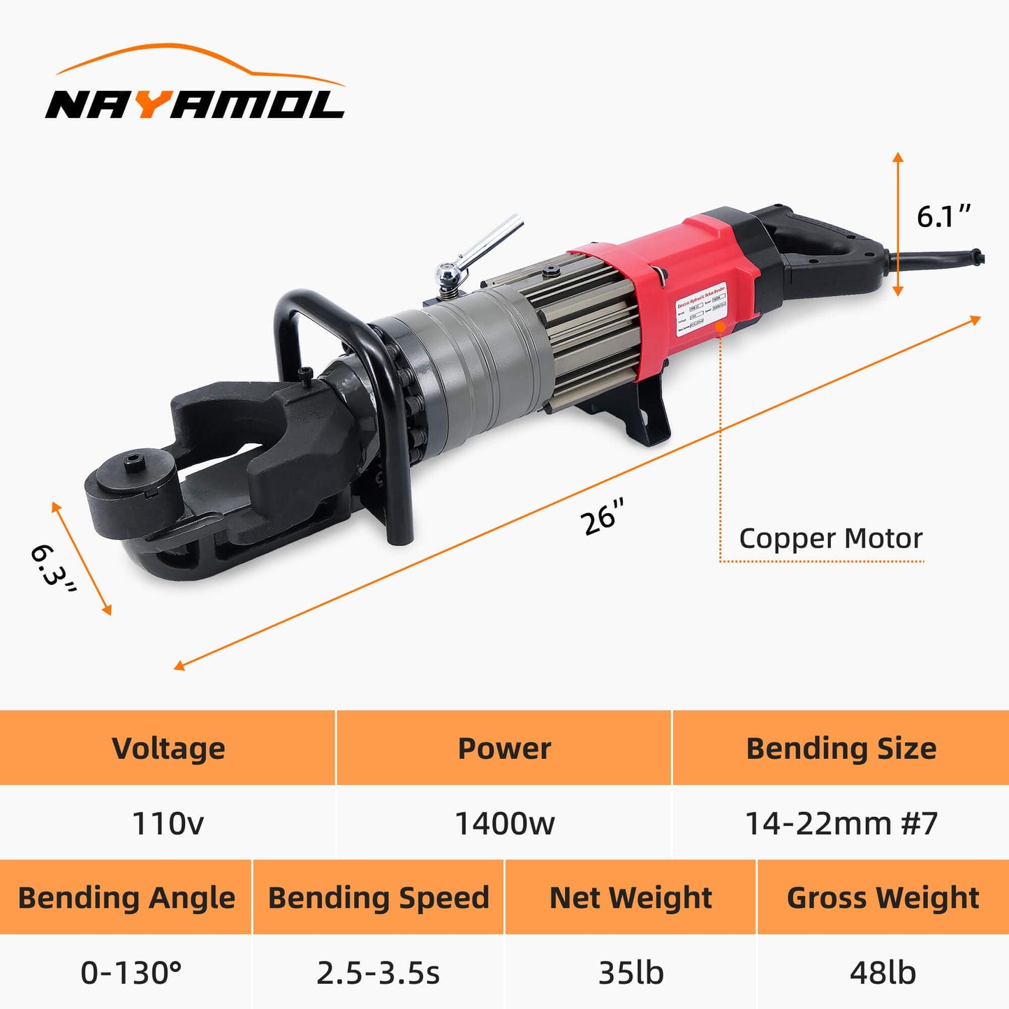 NAYAMOL 1400W Hydraulic Electric Rebar Bender 14–22mm, 110V Electric Rebar Bending Machine, 0–130° Adjustable Angle, Fast 2.5–3.5s Operation, Portable Tool with Pure Copper Motor