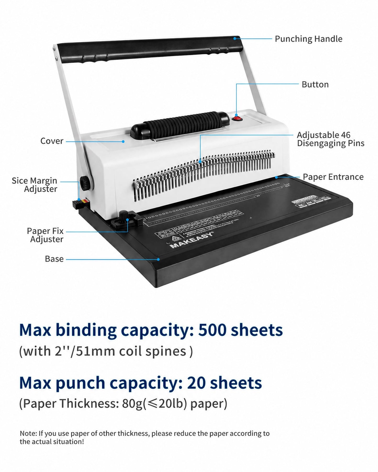 MAKEASY Spiral Coil Binding Machine with 46 Fully Disengaging Pins - 4:1 Pitch - Electric Coil Inserter - Adjustable Side Margin, Comes with Free 1 Box Coil Spines & Plier, 20 Sheet Punch Capacity