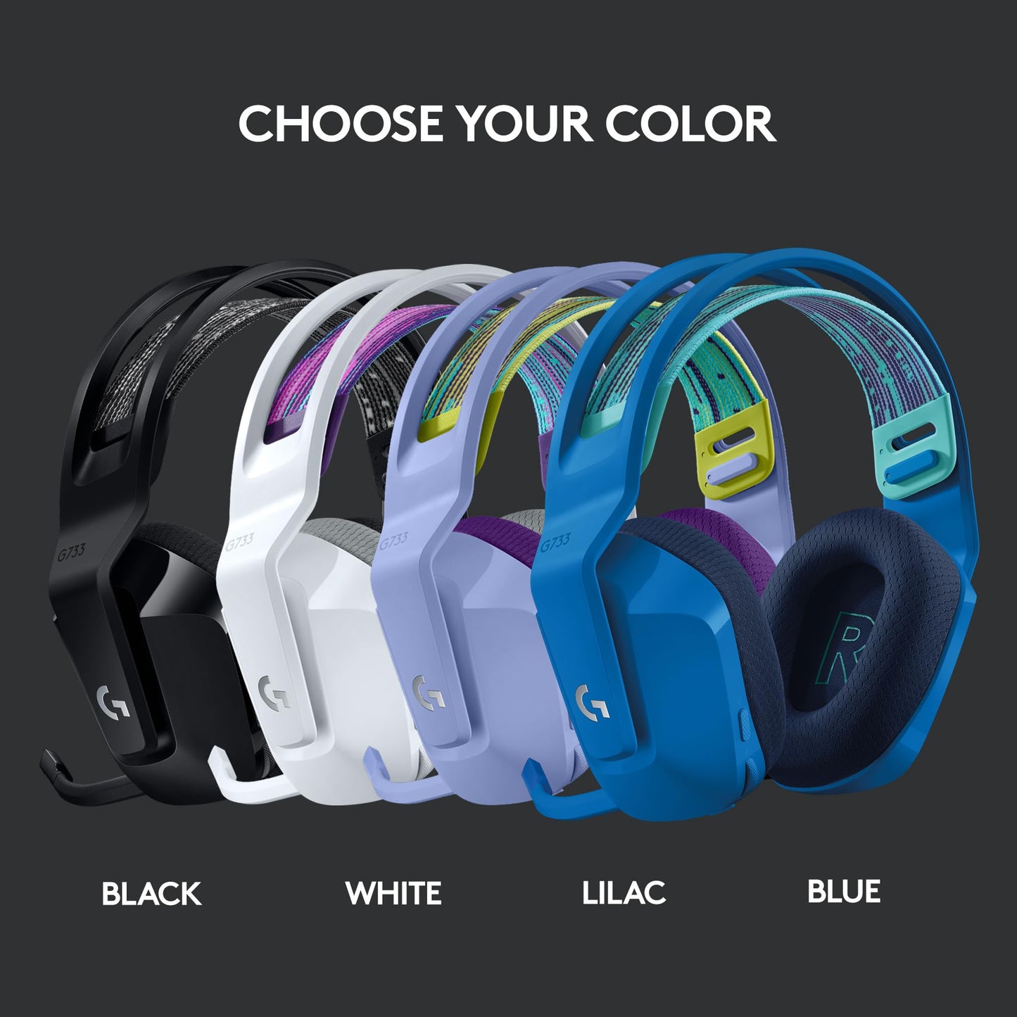 Logitech G733 Lightspeed Wireless Gaming Headset with Suspension Headband, LIGHTSYNC RGB, Blue VO!CE mic Technology and PRO-G Audio Drivers, Lightweight, 29 Hour Battery Life, 20m Range - Black