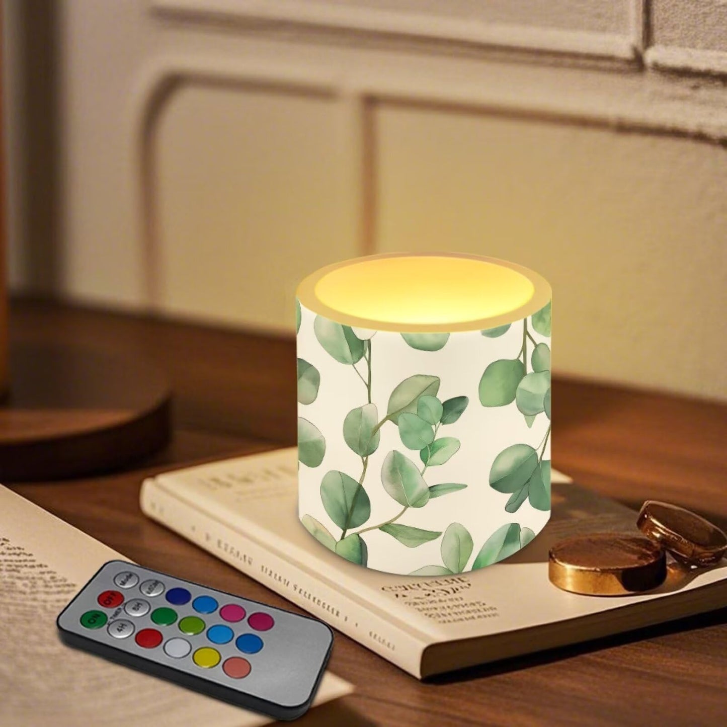 Cozeyat Green Plants Realistic Flickering Flameless Candles Set of 4 Battery Powered with Remote Control Timer LED Pillar Candles for Indoor Outdoor Use