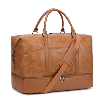 Faux Leather Weekender Bags for Women: Large Overnight Bags Travel Duffel Carry On Weekend Tote with Shoe & Laptop Compartment for Airplane Traveling Gym, Brown