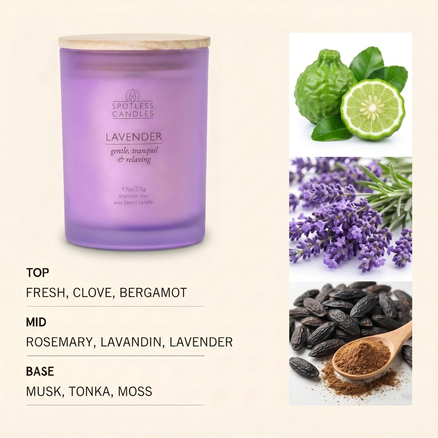 Lavender Candle; 9.7 oz:, 55 Hrs Burn Time, Soy Wax Purple Frosted Jar with Crackling Wooden Wick & Luxury Gift Box: Lavender Scented Candle by Spotless Candles