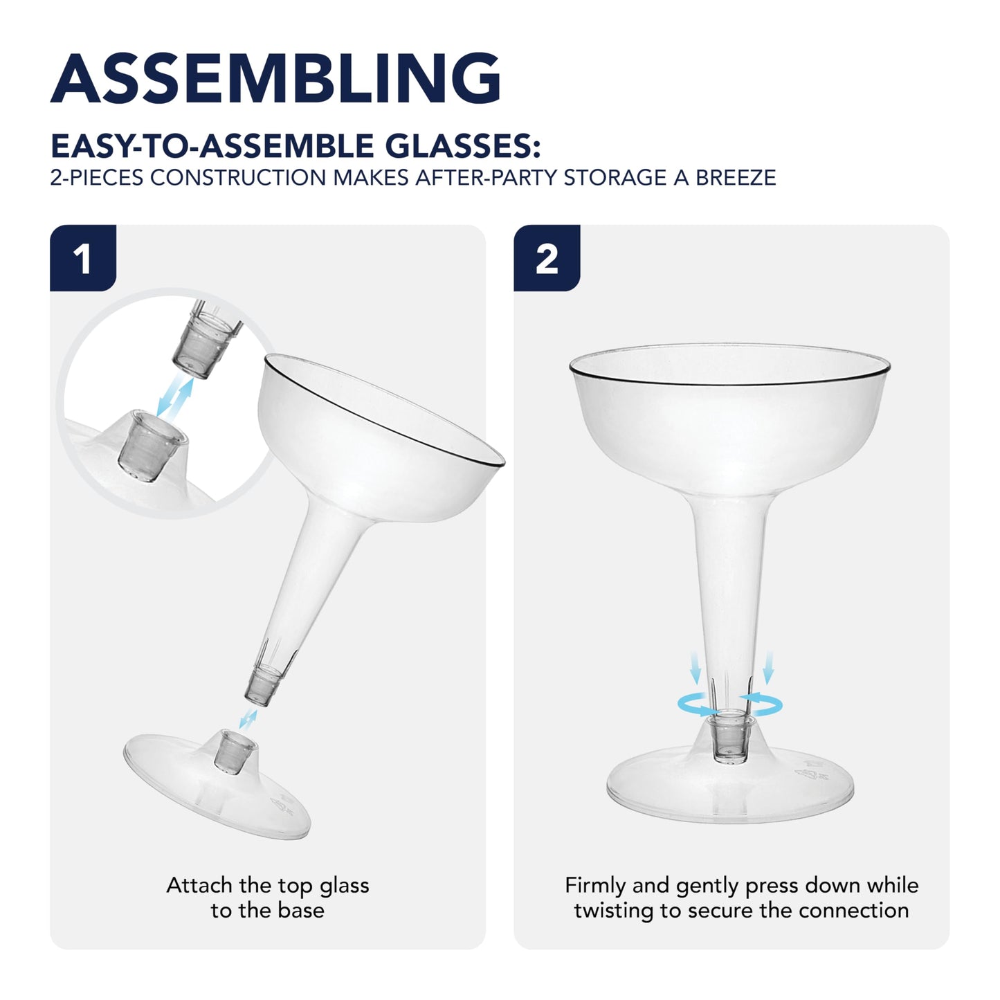 Party Essentials Disposable Hard Plastic Two Piece 4 oz. Toasting Cocktail Cups, 50-Count, Clear Champagne Glasses