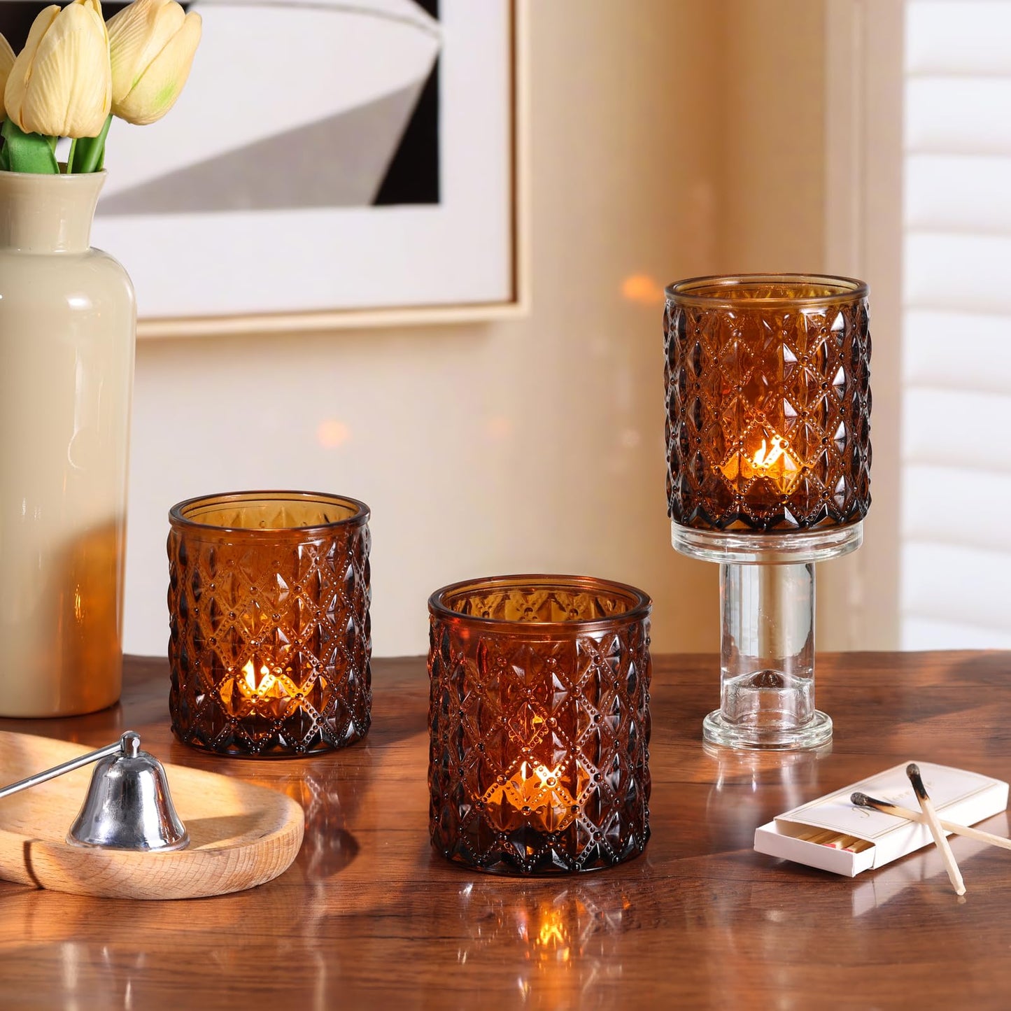 MATAHUM 12Pcs Large Votive Candle Holders 2.8 * 3.2in Amber Tea Light Candle Holders Glass Candle Holder for Bridal Shower, Wedding, Table Centerpiece, Party, Home Decor