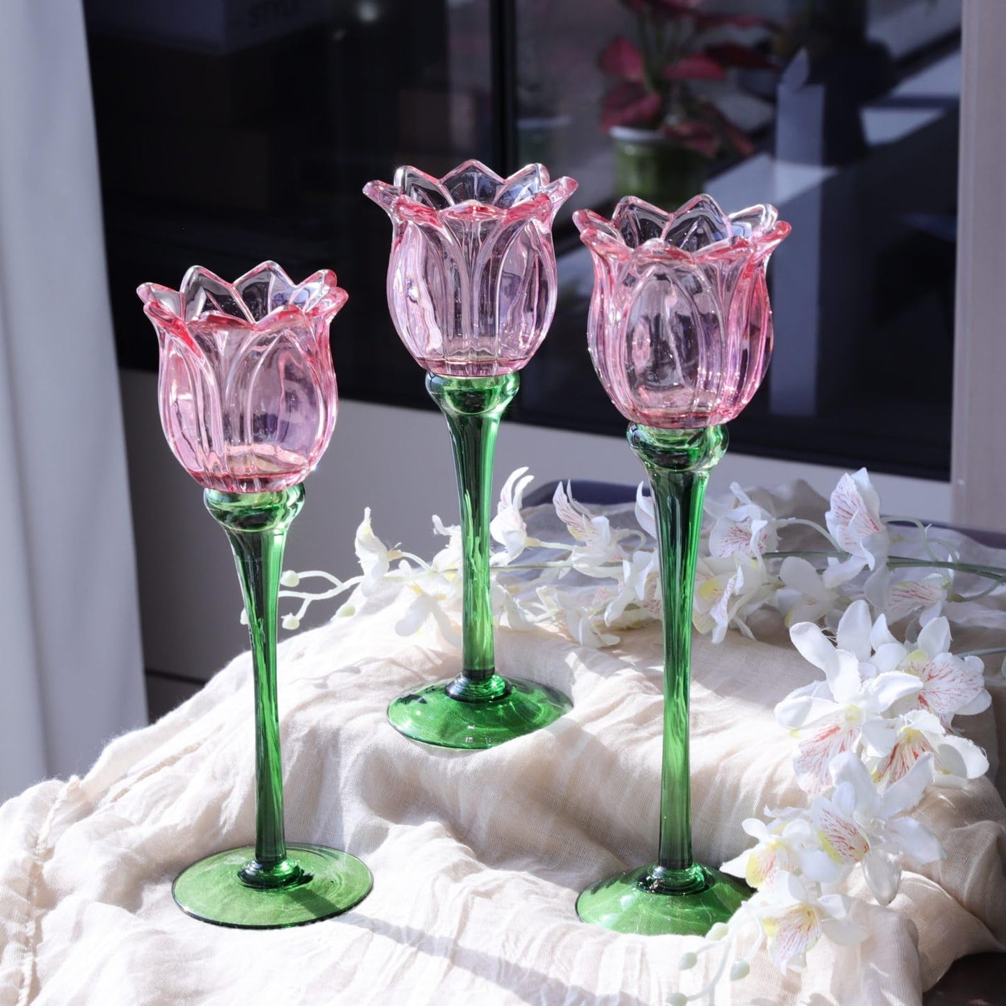 VOHO Pink Tulips Candle Holder, Romantic Pink Flower Votive Candle Holders for Wedding Bridal Shower Decorations, Tall Tealight Candle Holder Decor for Centerpiece Table(Set of3)