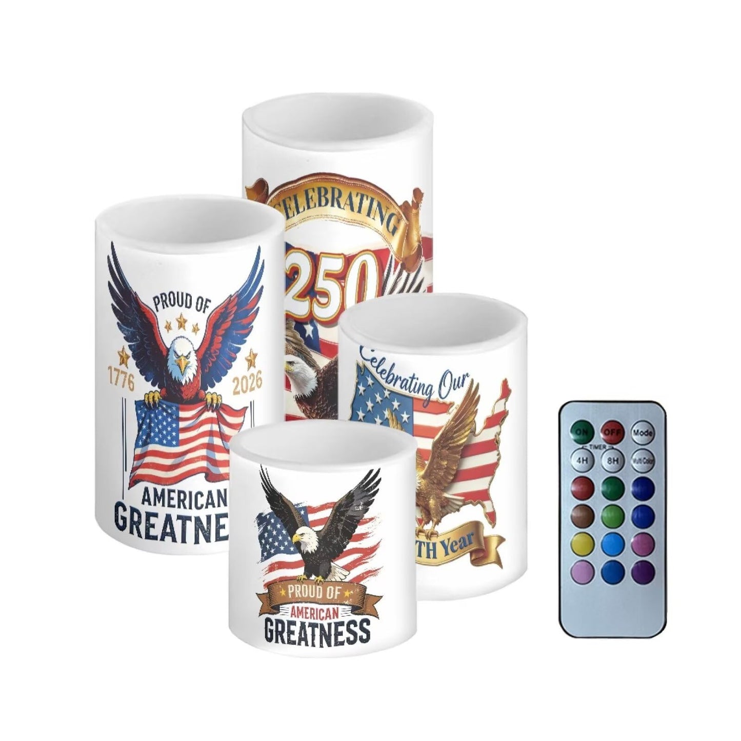 NETILGEN American Flag Eagle Flickering Flameless Candles with Battery Powered LED Candles with Remote Timer Color Changing Control 4 Pcs Set 250 Years Celebration July 4th Independence Day Theme