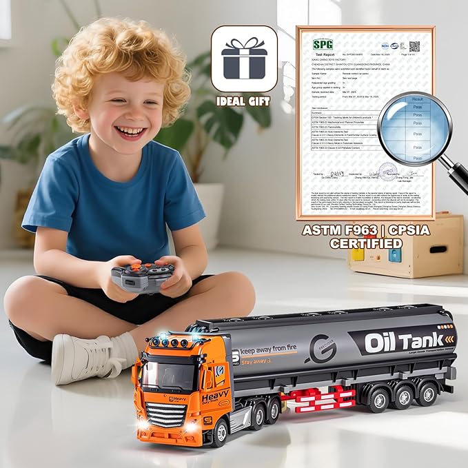 9 Channel RC Semi Truck with Trailer Metal Cab 2.4Ghz Remote Control Oil Tanker Truck with Lights and Sounds Birthday Gift for Kids Boys 14.6