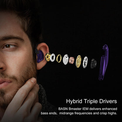 BASN Triple Driver in Ear Monitors Bmaster in-Ear Headphones with Silver-Plated MMCX Cable Ideal Earphones for Musicians Sound Engineers and DJs (Violet)