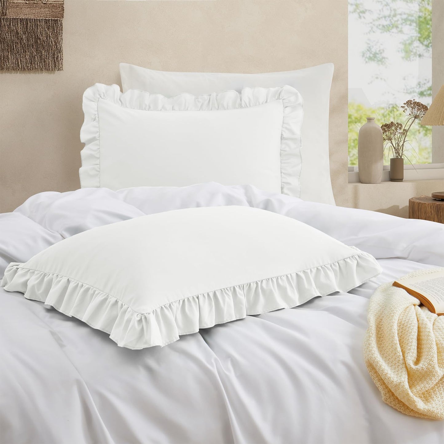 Cobedzy Ruffled Pillow Cases Set of 2, White Standard Pillow Shams Brushed Microfiber Edge Ruffled Soft Pillow Cover with Envelope Closure for Bedding Decor (20"x26")