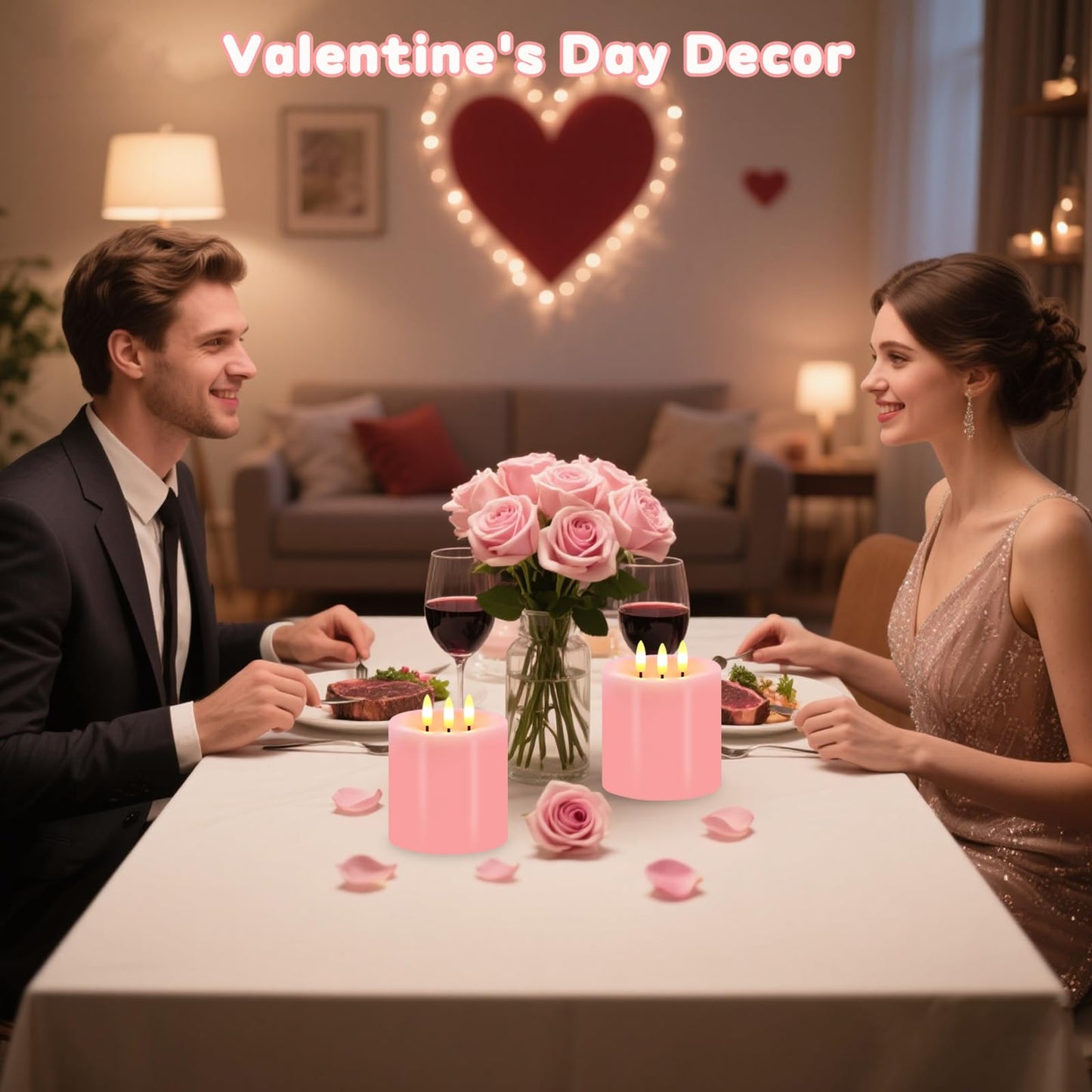 Large 3 Wick Flameless Candles, 4"x4" Flickering Flameless Candles with Remote & Timer, Dimmable Real Wax LED Candles Battery Operated, Electric Pillar Candles for Wedding Valentine's Day Decor (Pink)
