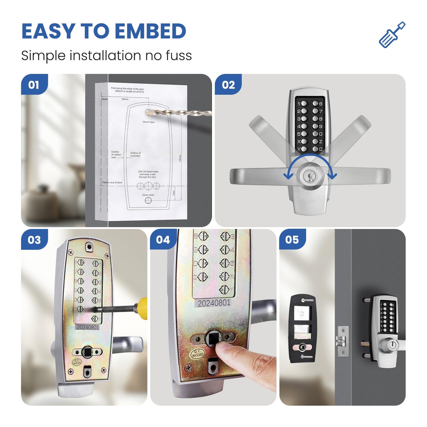 LVOZ Keyless Entry Door Lock with Handle - Mechanical Door Lock 100% Without Batteries - Easy to Install & Use - Keypad Lock on Zinc-Alloy, Water and Sun Proof for Indoor or Outdoor